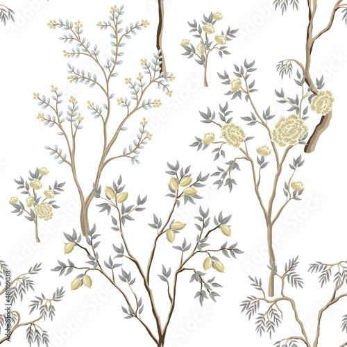 Vintage garden tree floral seamless pattern white background. Botanical chinoiserie wallpaper.