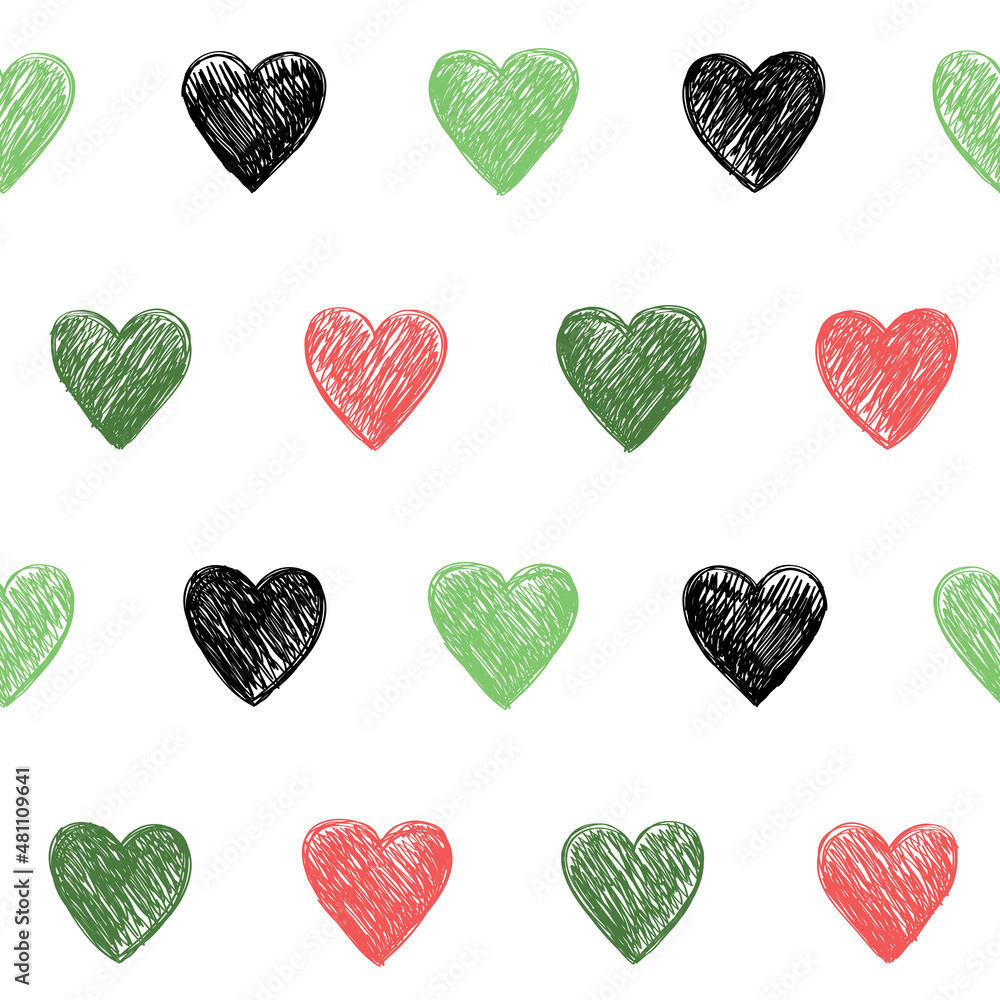 Seamless pattern with hearts in red, green and black colors. Seamless pattern with hearts in red, green and black colors.
