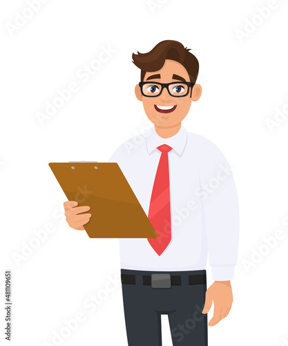 Young business man in eye glasses holding clipboard or document folder. Trendy person keeping notepad or report. Male character design illustration. Business service concept in vector cartoon style.