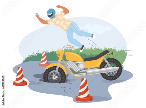 Motorcycle accident, vector illustration. Biker falling off motorcycle hitting pothole, driving into a hole in the road.