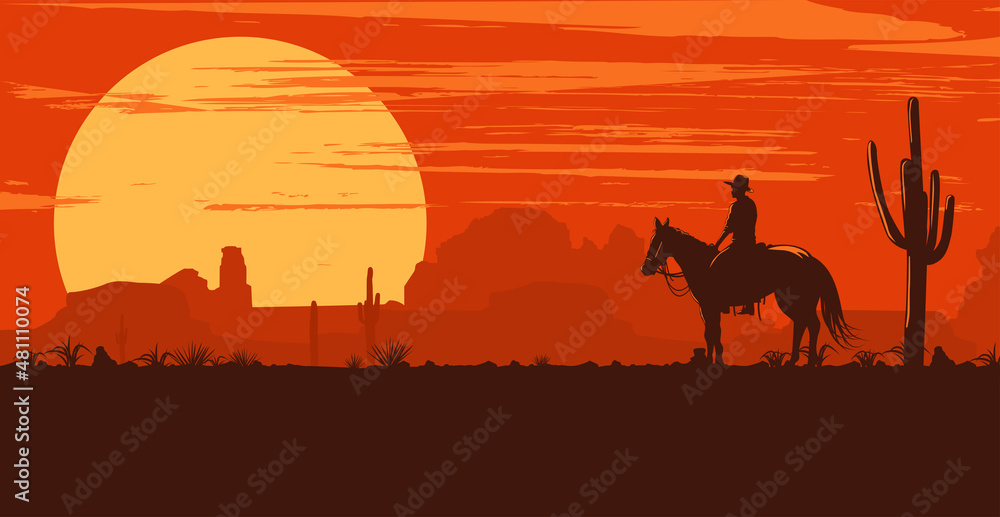 Silhouette of lonesome cowboy riding horse at sunset, Vector Illustration