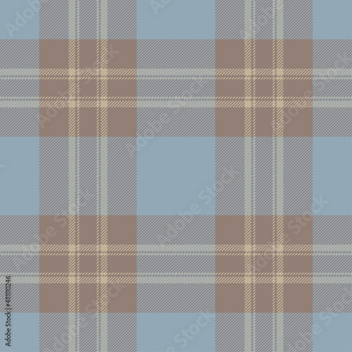 Blue, khaki and beige tartan plaid. Scottish pattern fabric swatch close-up. 