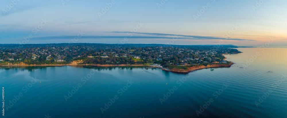 Aerial panoramic landscape of Mornington Peninsula Coastline at sunset in Melbourne, Australia