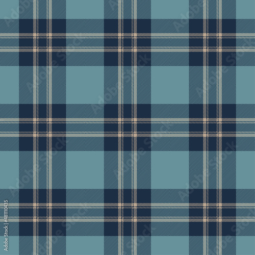 Vintage blue and beige tartan plaid. Scottish pattern fabric swatch close-up. 