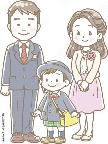 入園式の子供と両親のイラスト