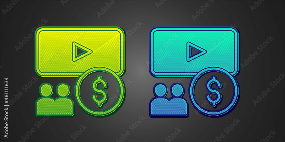 Green and blue Cinema auditorium with screen icon isolated on black background. Vector Green and blue Cinema auditorium with screen icon isolated on black background. Vector