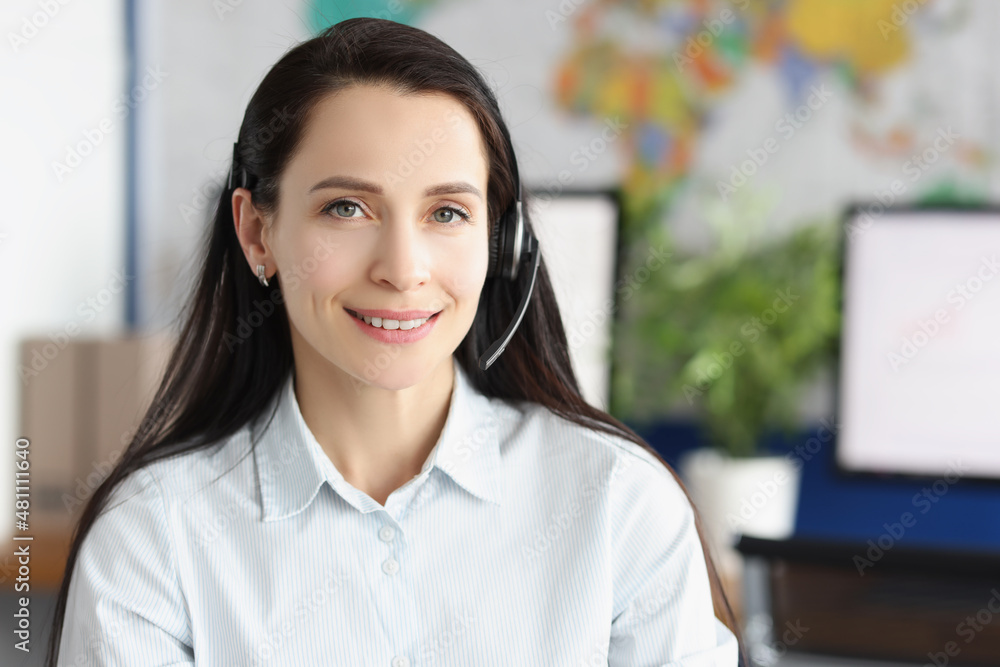 Lady support service worker wear headset with microphone for voice connection Lady support service worker wear headset with microphone for voice connection