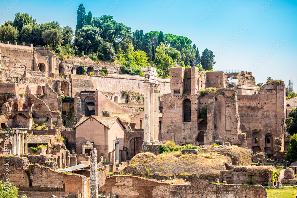 Ruins of an ancient city in Italy, old buildings in the open air, streets of ancient cities. Remains of old buildings, columns and statues on the streets of the city of Rome.