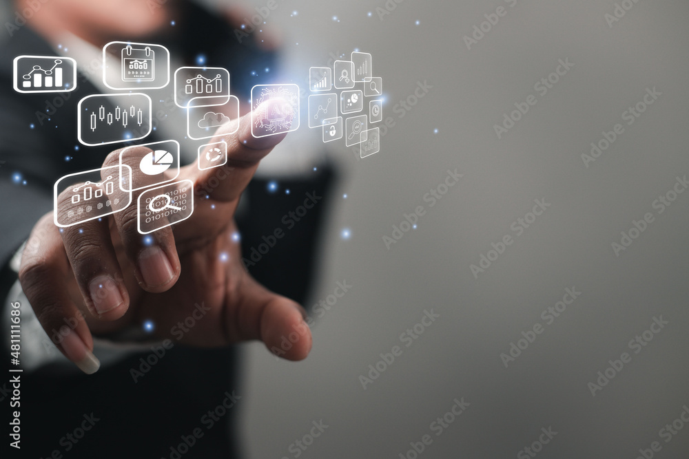 Businessmen use their hands to touch Virtual Media Ai technology to manage online business systems in corporate networks. network business processing concept
Businessmen use their hands to touch Virtual Media Ai technology to manage online business systems in corporate networks. network business processing concept