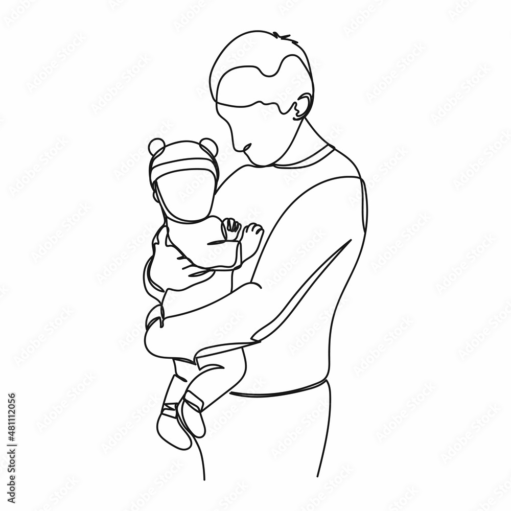 Continuous one simple single abstract line drawing of father with baby icon in silhouette on a white background. Linear stylized. Continuous one simple single abstract line drawing of father with baby icon in silhouette on a white background. Linear stylized.