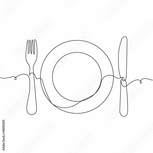 Continuous one simple single abstract line drawing of the fork and knife with plate icon in silhouette on a white background. Linear stylized.