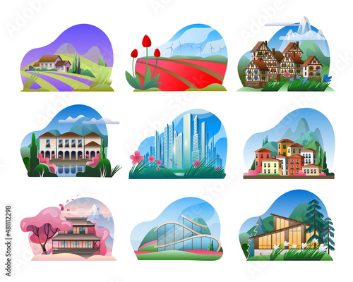 A set of images of various landscapes in springtime. A set of full-color vector illustrations with a curved edge.