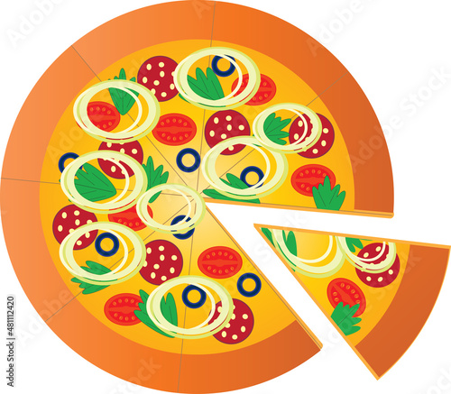 Pizza vector pattern with olives, sausage, onions, tomatoes. Fast food. Traditional Italian cuisine.