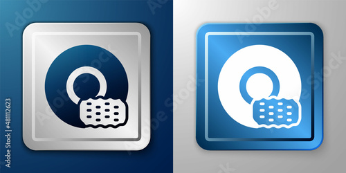 White Washing dishes icon isolated on blue and grey background. Cleaning dishes icon. Dishwasher sign. Clean tableware sign. Silver and blue square button. Vector