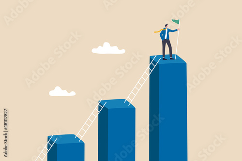 Step to grow business, ladder of success, progress, improvement or development to achieve goal, growth journey, career path concept, businessman climb up ladder step by step on graph to achieve goal. photo