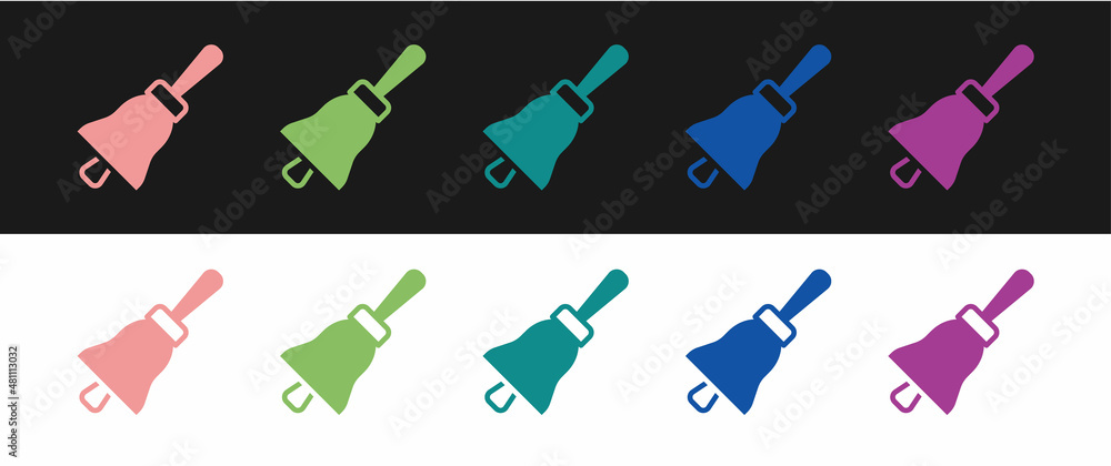 Obraz premium Set Ringing bell icon isolated on black and white background. Alarm symbol, service bell, handbell sign, notification symbol. Vector