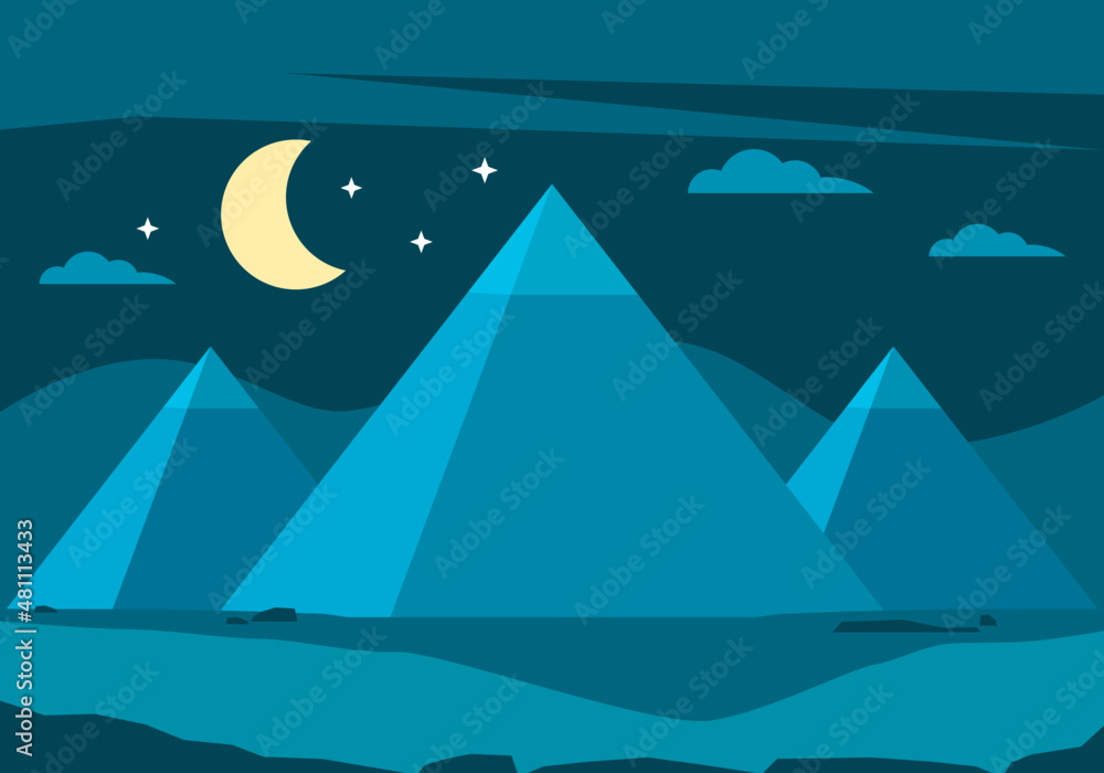 Egypt ancient pyramids of Giza are egyptian pharaoh tomb on dry sand desert with camel and moon star blue sky in night time flat vector design.