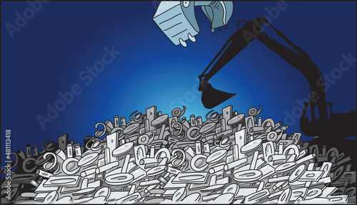 Waste crane arm claw. Low poly polygonal garbage landfill industrial eco banner. 