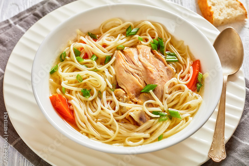chicken noodle soup with carrots and scallion