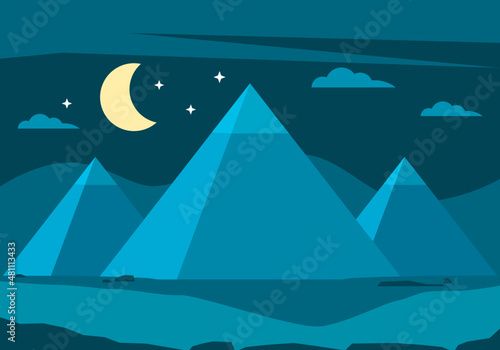 Obraz na plátně Egypt ancient pyramids of Giza are egyptian pharaoh tomb on dry sand desert with camel and moon star blue sky in night time flat vector design