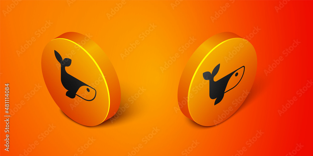 Isometric Whale icon isolated on orange background. Orange circle button. Vector Isometric Whale icon isolated on orange background. Orange circle button. Vector