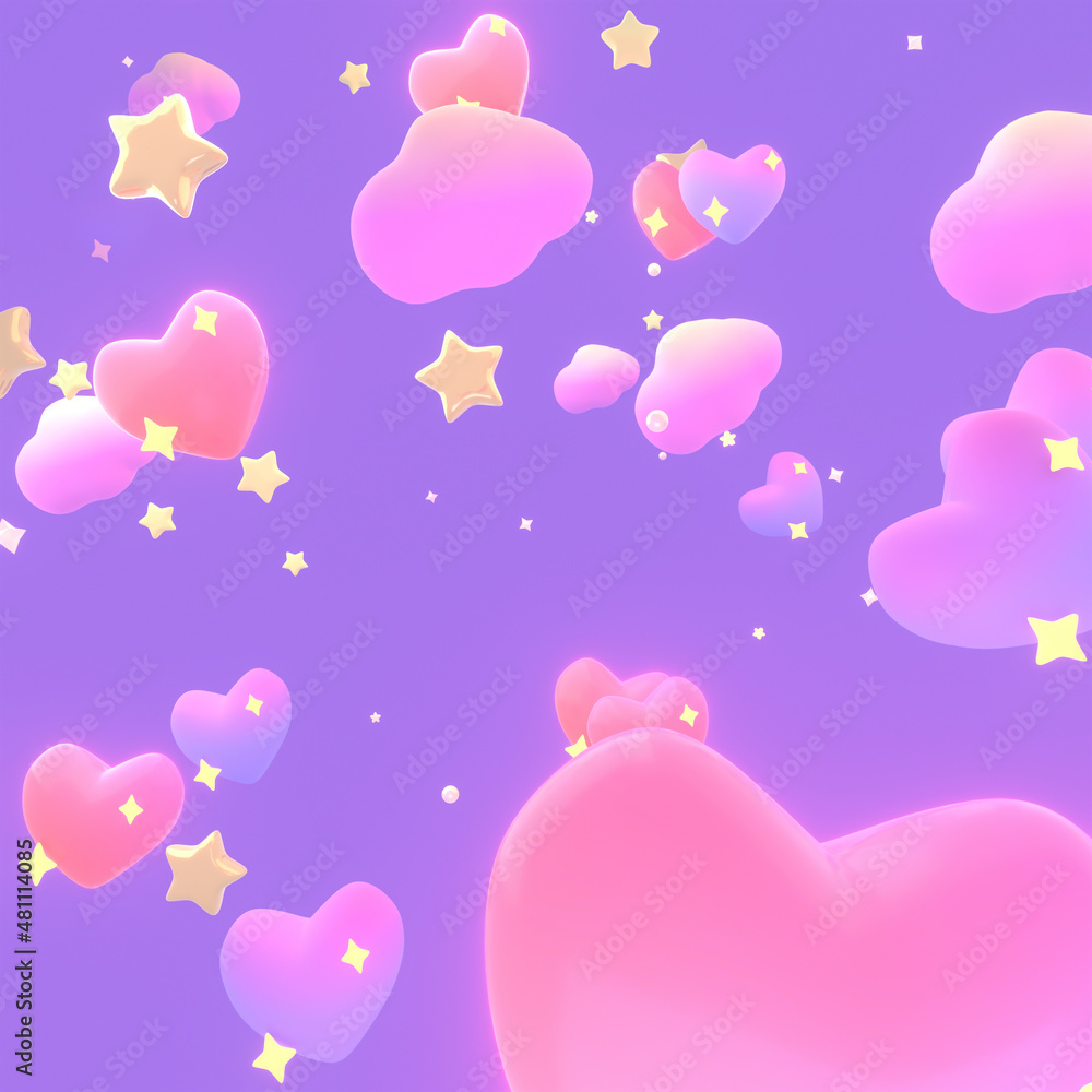 3d rendered purple and pink hearts sky with stars.