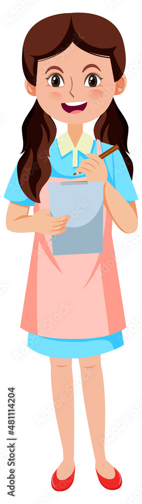 Young female waitress taking an order cartoon character on white background Young female waitress taking an order cartoon character on white background