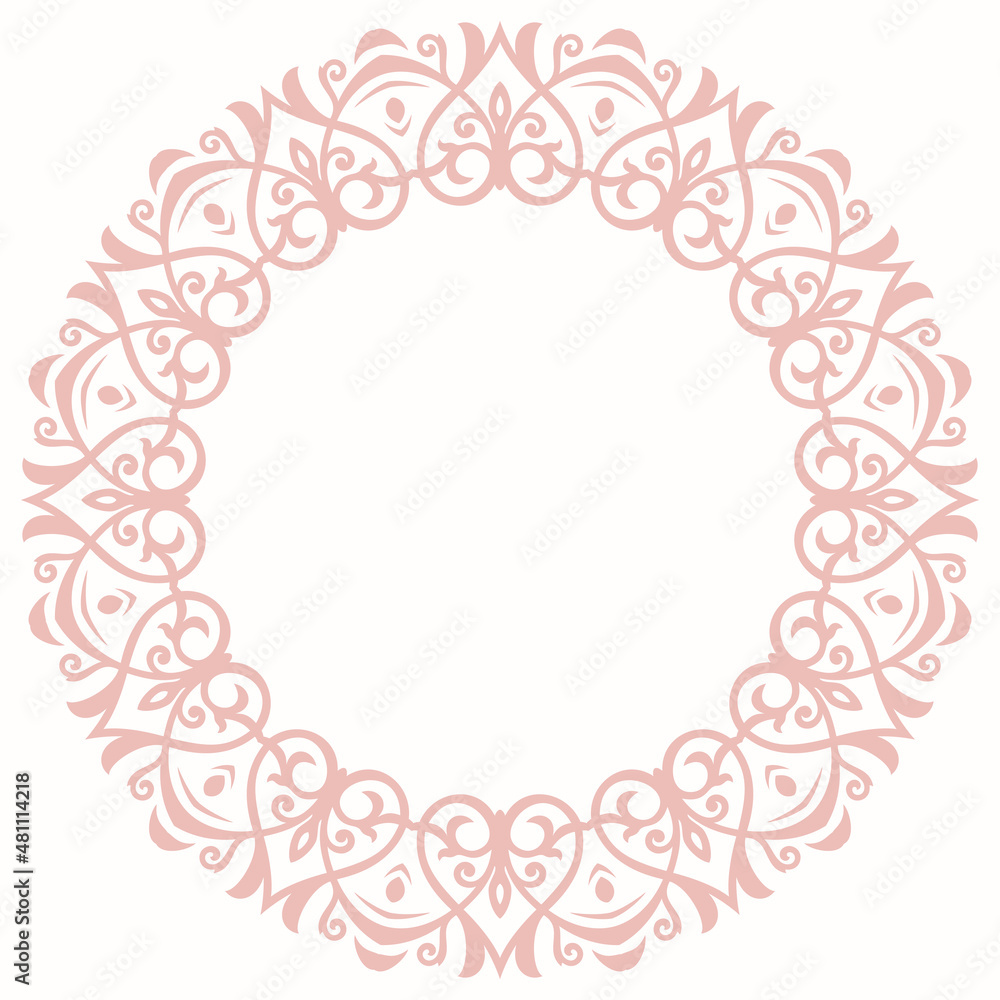 Oriental vector round frame with pink arabesques and floral elements. Floral pink border with vintage pattern. Greeting card with place for text Oriental vector round frame with pink arabesques and floral elements. Floral pink border with vintage pattern. Greeting card with place for text