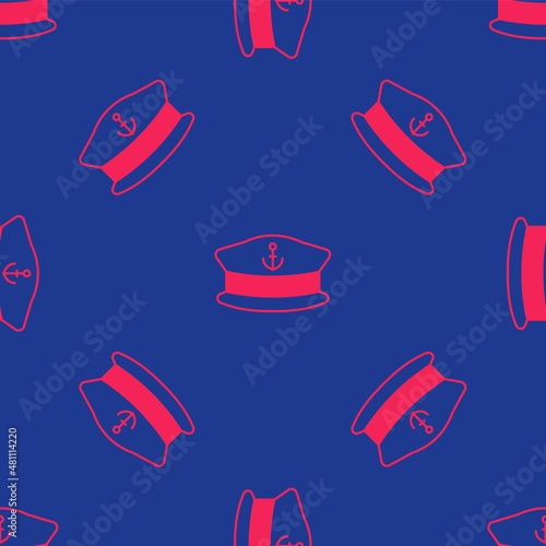 Red Captain hat icon isolated seamless pattern on blue background. Vector