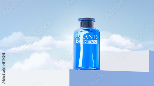Beauty product on stage with dreamy sky background . display product ad and website template.