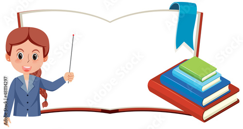 Young woman teacher teaching cartoon character