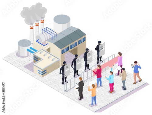 Group of protesters, eco activists protesting against air pollution. Rally, environmental protest, vector illustration.