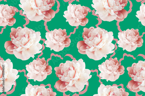 Beautiful digital trendy stylish pattern wallpaper photo print with peony flowers on a bright green background.