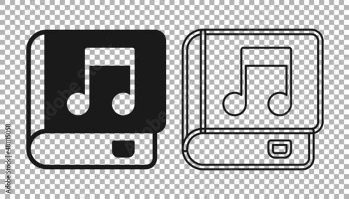 Black Audio book icon isolated on transparent background. Musical note with book. Audio guide sign. Online learning concept. Vector