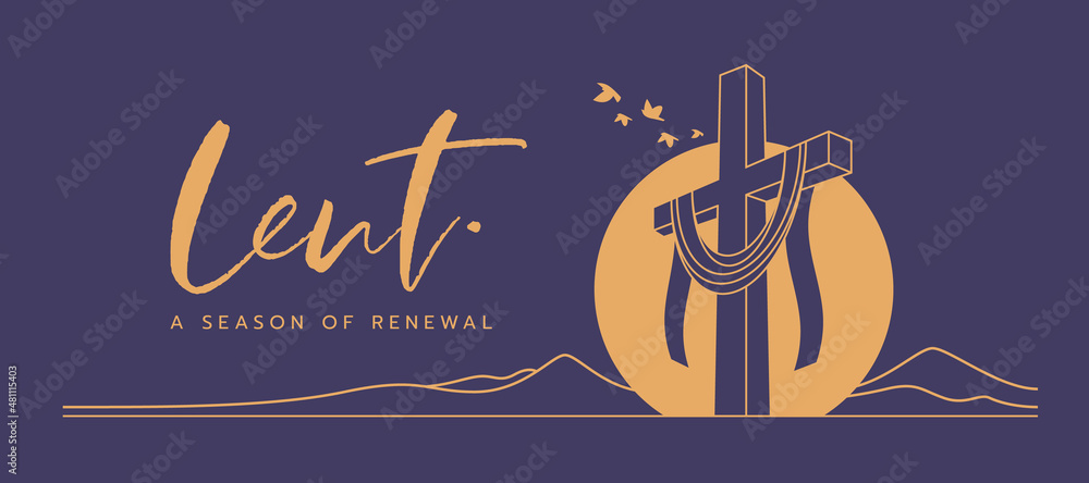 lent, a season of renewal text and gold line lent cross crucifix in circle sunset and bird flying on purple background vector design - obrazy, fototapety, plakaty 