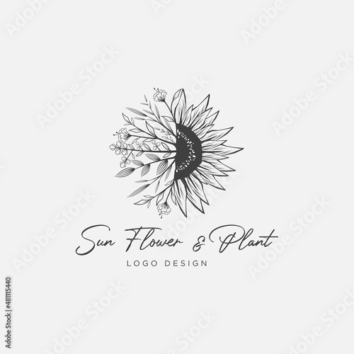 SUN FLOWER AND PLANT LOGO DESIGN VINTAGE
