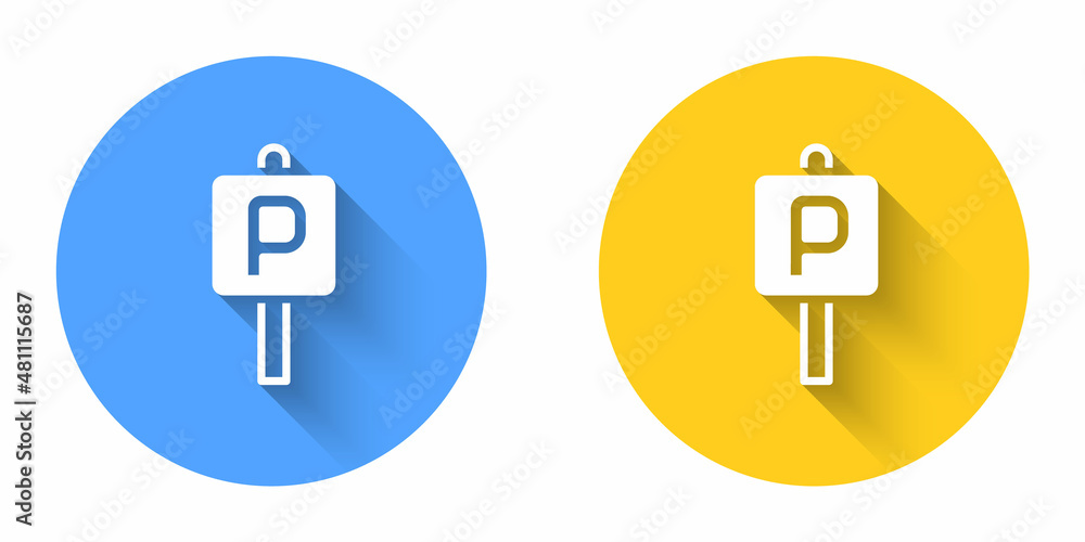 White Parking icon isolated with long shadow background. Street road sign. Circle button. Vector White Parking icon isolated with long shadow background. Street road sign. Circle button. Vector