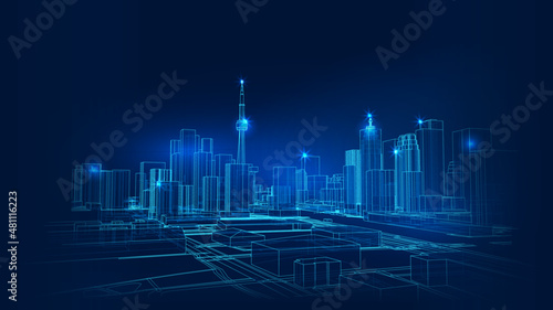 Polygonal 3d city in dark blue background. Outline city concept vector. Wire-frame style. The layers of visible and invisible lines. 3D illustration