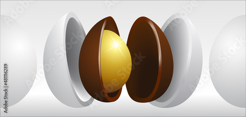 Un oeuf en or, dans un oeuf au chocolat et dans une coque blanche. Illustration 3D d’oeufs placées les uns à l'intérieur des autres dans l’esprit des poupées russes.