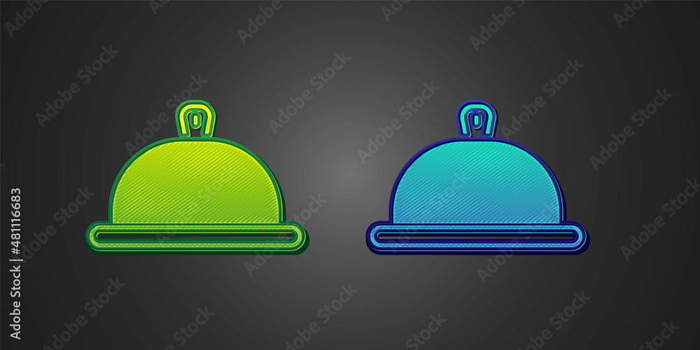 Obraz premium Green and blue Covered with a tray of food icon isolated on black background. Tray and lid sign. Restaurant cloche with lid. Vector
