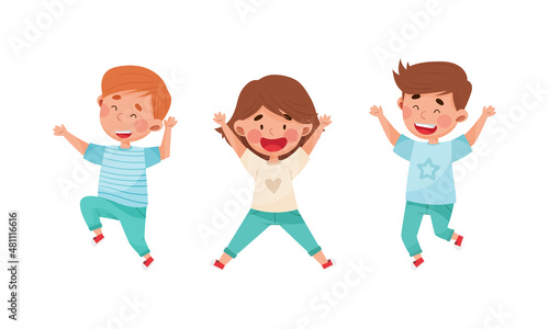 Kids joyfully jumping set. Energetic boys and girls having fun cartoon vector illustration