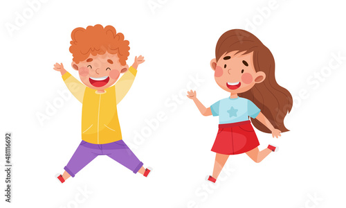 Happy little children jumping set. Energetic boys and girls having fun in fine mood cartoon vector illustration