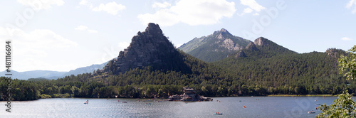 Close-up photo of stone mountain on Lake Borovoe
