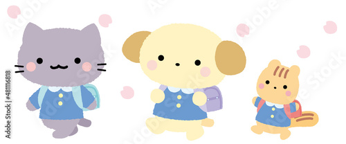 入学式、新学期、春の猫と犬とリスのイラスト