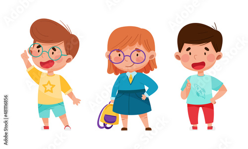 Cute happy funny kids set cartoon vector illustration