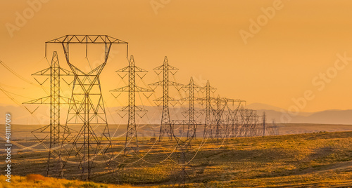 High Voltage Electricity Pylons in desert near Washington Oregon border, USA photo