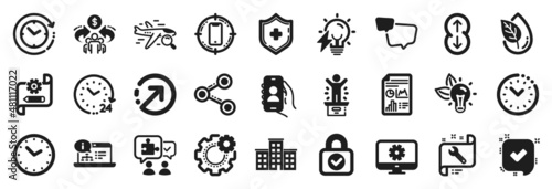 Set of Technology icons, such as Organic product, Confirmed, User call icons. Scroll down, Electricity bulb, Sharing economy signs. Monitor settings, Eco energy, Time. Winner podium, Share. Vector