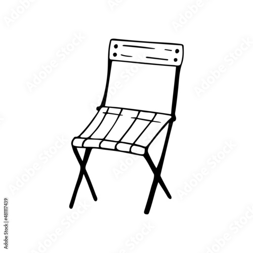 Hand drawn doodle folding chair. Vector camp chair clipart. Outline.