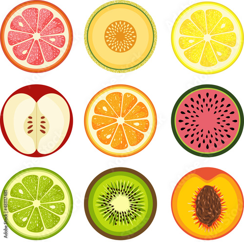 Set of round summer fruit slices