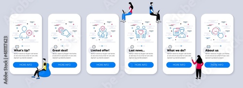 People icons set. UI phone app screens with teamwork. Included icon as Delete user, Family insurance, Presentation signs. Friends couple, Touchscreen gesture, Dislike line icons. Vector